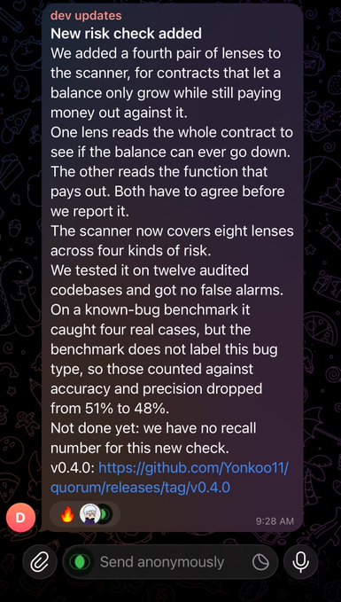 A dark-themed messaging screenshot showing a 'dev updates' post about a new risk check added for smart contracts, mentioning v0.4.0 and a GitHub link to Yonkoo11/quorum, sent anonymously.