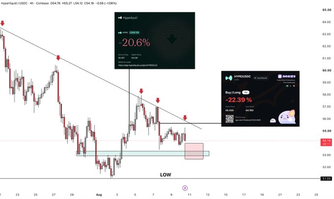 A cryptocurrency price chart for HyperLiquid (HYPE) showing a downward trend with a descending trendline and red arrows, featuring an overlay showing a -20.6% loss and a "Buy Long" signal at -22.39%.