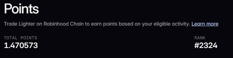A dark-themed digital interface displaying 'Points' with a Total Points balance of 1.470573 and a Rank of #2324, mentioning Robinhood Chain trading activity.