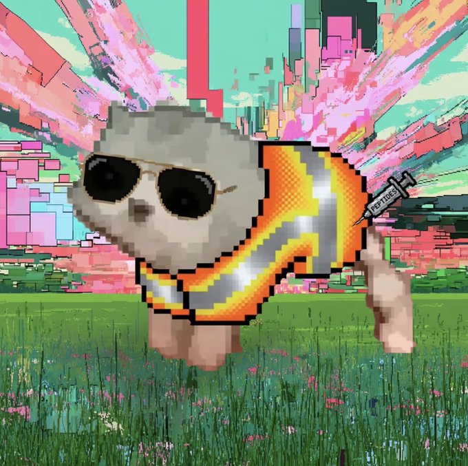 A pixel art meme image featuring a fluffy white dog wearing sunglasses and an orange and yellow vest, holding a syringe labeled 'PEPTIDES' in its mouth against a vibrant, glitchy pink and green background.