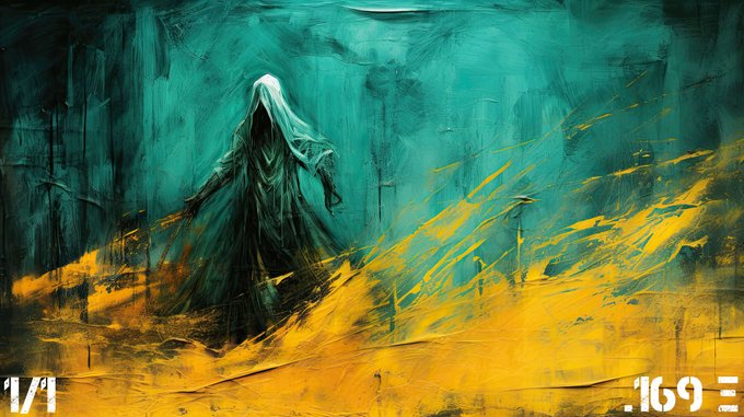 A dark painting features a hooded, ghostly figure in teal tones, walking through yellow-green brushstrokes, with the text '1/1' in the bottom left corner and '.169' in the bottom right.