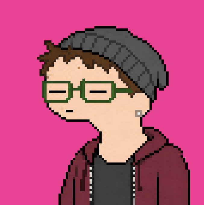 A pixel art illustration of a person with short dark hair, green glasses, and a maroon jacket against a pink background.