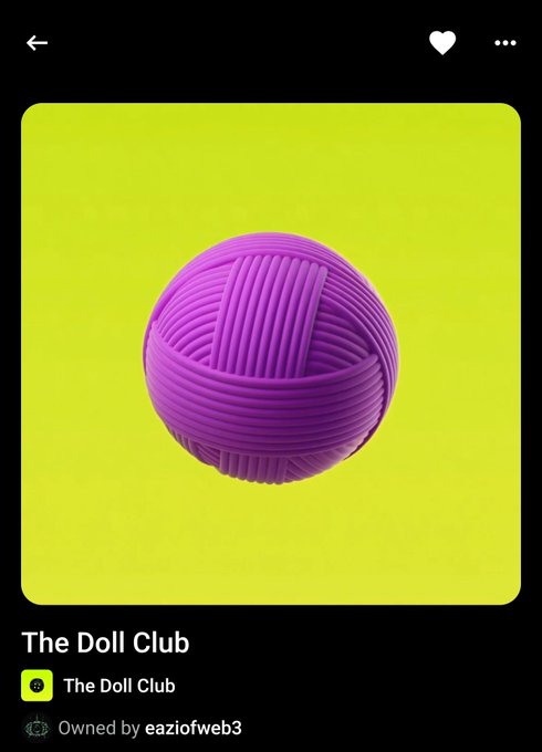 A digital art listing titled 'The Doll Club' featuring a purple ball of yarn against a bright yellow-green background, marked as 'Owned by eaziofweb3'.