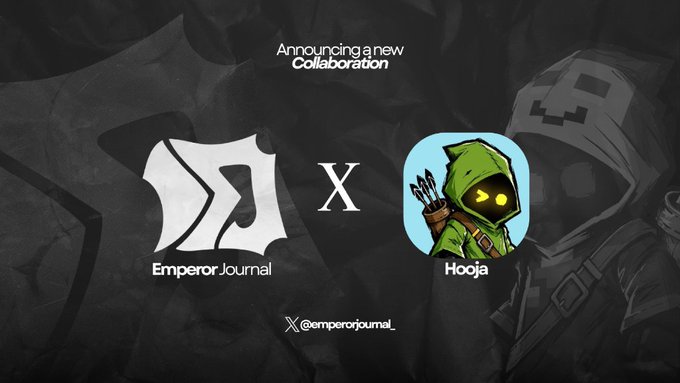 The image announces a new collaboration between "Emperor Journal" (@emperorjournal_) and "Hooja," featuring their respective logos separated by an "X" on a dark background, visually representing the partnership described in the accompanying post.