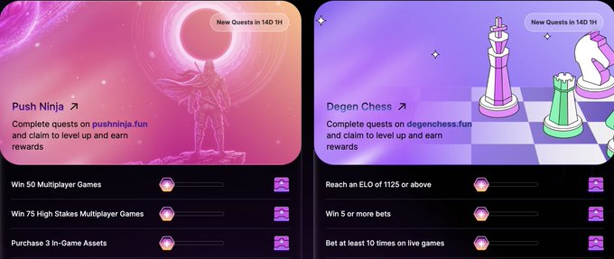 The image displays two game quest interfaces from Push Ninja and Degen Chess, both featuring "New Quests in 14D 1H" timers, with tasks such as winning multiplayer games, purchasing in-game assets, reaching an ELO of 1125, and placing bets on live games to earn level-up rewards. These quests tie directly into the portal.push.org Universal App challenges, highlighting the cross-chain PvP Fruit Ninja multiplayer game and onchain chess betting platform mentioned in the post.