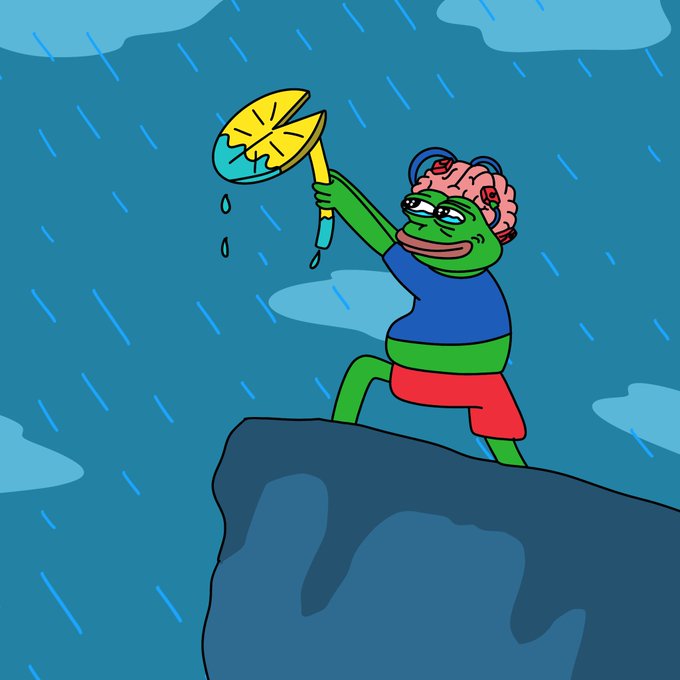 The image shows Pepe the Frog dressed as the Pepe Unchained mascot, wearing an exposed brain and standing on a rocky cliff in the rain while triumphantly holding up a glowing hammer. This visual metaphor ties into the post about "Pepe Unchained" progressing to Phase 2, where the character symbolizes resilience and forward momentum—raining down past challenges (Phase 1) while forging ahead with the tools (the hammer) to build the infrastructure needed for the project's next stage.