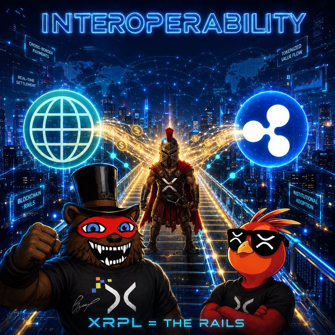 The image features three cartoon characters standing together, with one of them wearing a top hat and holding a sign. The characters are dressed in black t-shirts, and they appear to be discussing the concept of tokenized deposits or XRP currency. The background of the image is blue and filled with various symbols related to cryptocurrency, such as Bitcoin and Ripple logos. The text "Interoperability" is also present on the image.