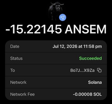 A transaction confirmation on Solana shows a successful transfer of 15.22145 $ANSEM tokens (worth approximately -15.22145) sent to address 8o7J...X9Za on July 12, 2026, illustrating the giveaway-style token airdrops promoted in the accompanying post.