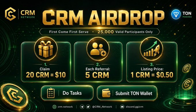 A 'CRM AIRDROP' promotional banner for CRM Network on TON, detailing 'First Come First Serve' for 25,000 participants with referral and listing price information.