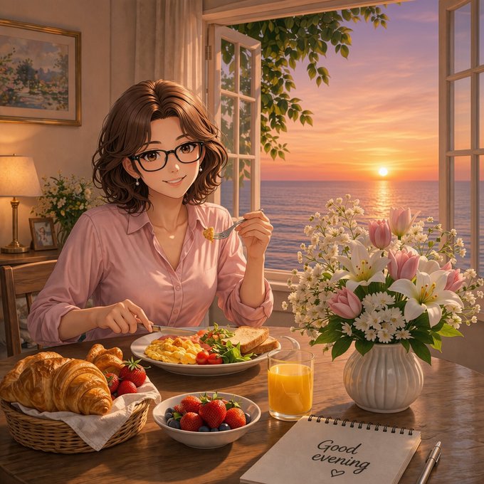 An anime-style illustration depicts a smiling woman with glasses enjoying breakfast with eggs, toast, fruit, and croissants at a seaside window, with a 'Good evening ♥' notebook in the foreground.