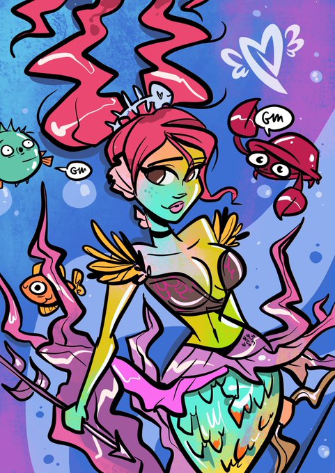 Colorful cartoon illustration of a red-haired mermaid with a crown, surrounded by underwater creatures including a crab and pufferfish, with two speech bubbles reading 'GM'.