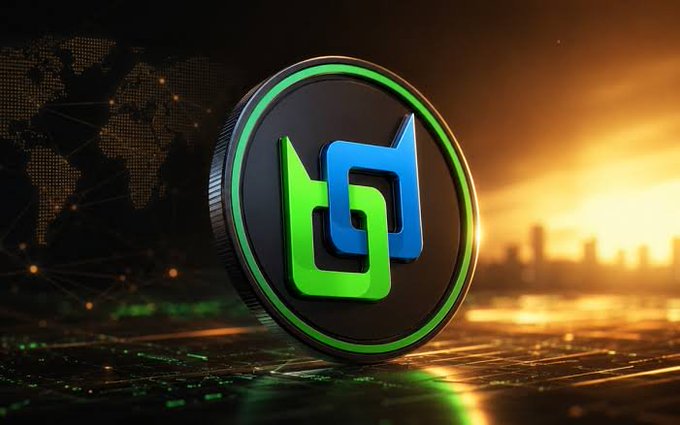 A 3D-rendered cryptocurrency coin featuring a green and blue logo with a stylized 'b' design, set against a dramatic backdrop of a world map and a glowing sunset city skyline.