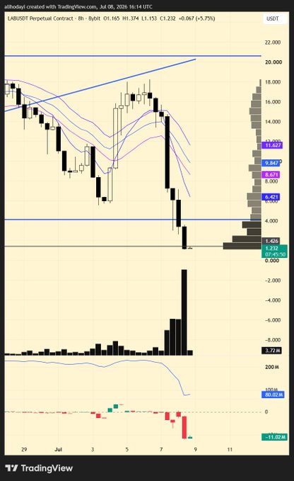A TradingView 8-hour chart for the LABUSDT Perpetual Contract on Binance shows the token crashing from around $14 to roughly $1.45, an ~82% single-day collapse, highlighted by a massive volume spike and deeply negative CMF reading (-11.02M) accompanying the capitulation candle—visually reinforcing the post's warning about catastrophic drawdowns from a single catalyst.