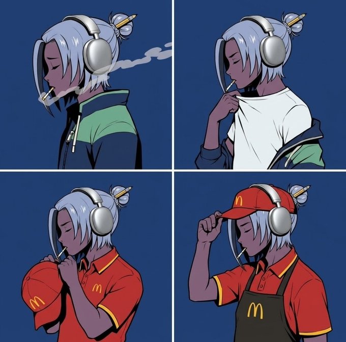 A four-panel illustration of a white-haired character with headphones and a cigarette in various outfits: a green hoodie, a white t-shirt, a McDonald's red uniform, and a McDonald's uniform with red cap and black apron.