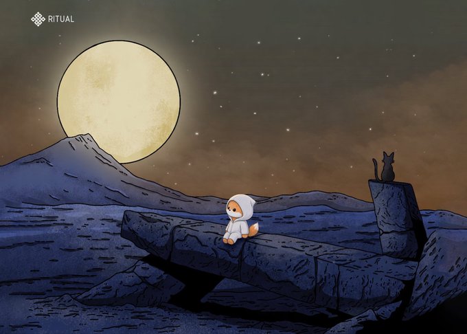 An illustrated scene shows a small hooded figure sitting on a rocky outcrop under a large full moon, with a black cat silhouette nearby and the "RITUAL" logo in the corner.