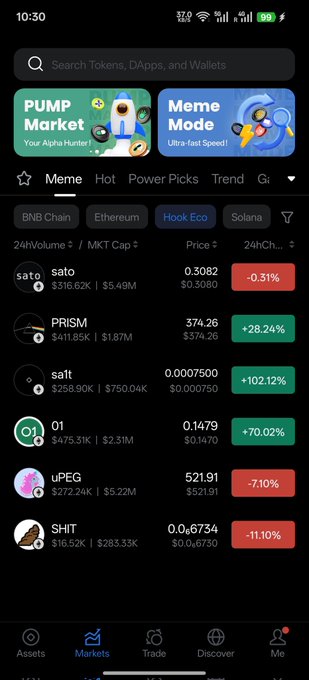 The image displays a cellphone screen with a list of cryptocurrency names, including "salt", "prism", and "sha3-256", along with their respective prices at various times of day. These prices are located between two dollar marks. The post in question is about the app "Hook & Tip". It features multiple options such as "Pump" or "Meme Mode", where each option has its own description. Below these descriptions, there's a list with the names and prices of different cryptocurrencies displayed below them. This information suggests that users can see how to buy or sell cryptocurrency using this app for market trends in real-time.