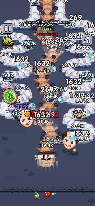 A mobile game screenshot showing Stage 21 'Bald Straight Man' with various numbers (1632, 26.9, 269) indicating damage/progress as a character fights through enemies.