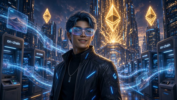 A young man wearing futuristic blue-tinted glasses stands in a cyberpunk cityscape with glowing Ethereum diamond logos hovering above "on-chain" kiosks streaming data streams of tokenized assets. The image visually reinforces the post's theme of Base functioning as a practical on-chain settlement hub where everyday money movement—including dollar transfers and tokenized stock trading—happens seamlessly.