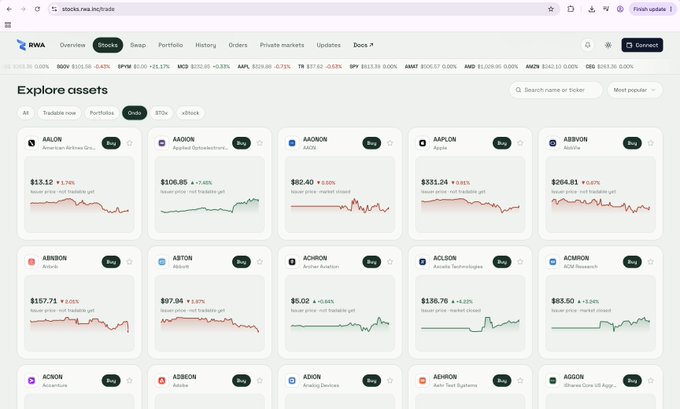 Screenshot of 'stocks.res.li/trade' RWA token marketplace displaying stock cards like ARLON, AAQON, AADQON, ABCKR, ABRQON with prices and percentage changes.