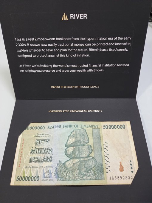 River displays a real Zimbabwean hyperinflation banknote (50 Million Dollars from the Reserve Bank of Zimbabwe) alongside marketing text promoting Bitcoin investment.