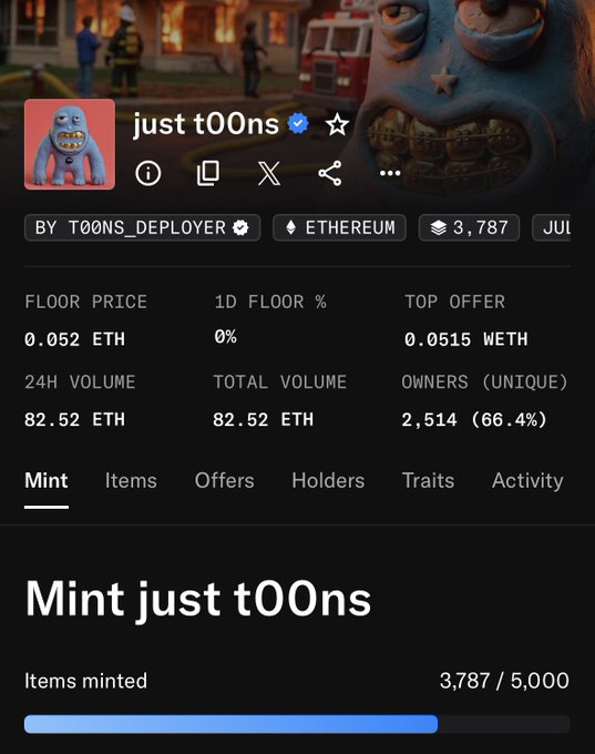 A digital NFT collection page displays "just t00ns" mint on Ethereum, showing 3,787/5,000 items minted with a floor price of 0.052 ETH against the post's note of 0.0092 ETH mint price and 82.52 ETH total volume, confirming all minters are in profit.