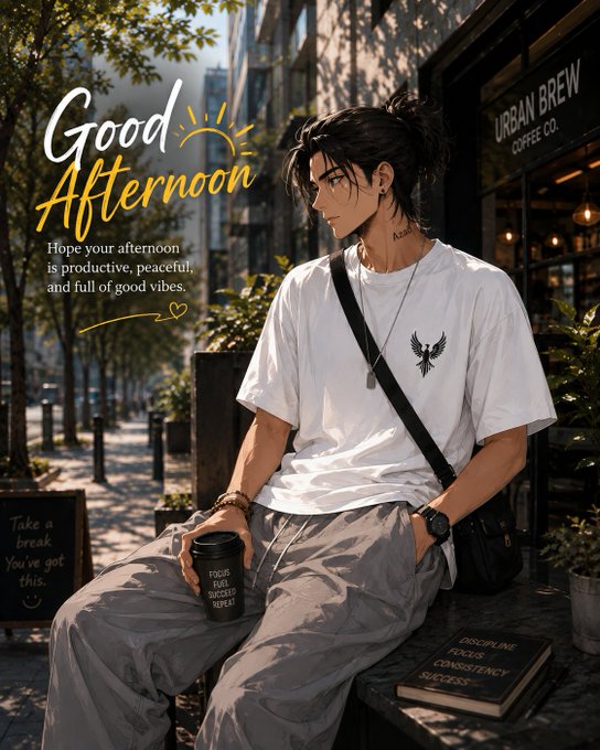 An anime-style illustration of a man in a white t-shirt and grey pants holding a coffee cup, with text reading 'Good Afternoon' and 'Hope your afternoon is productive, peacfull, and full of good vibes.'