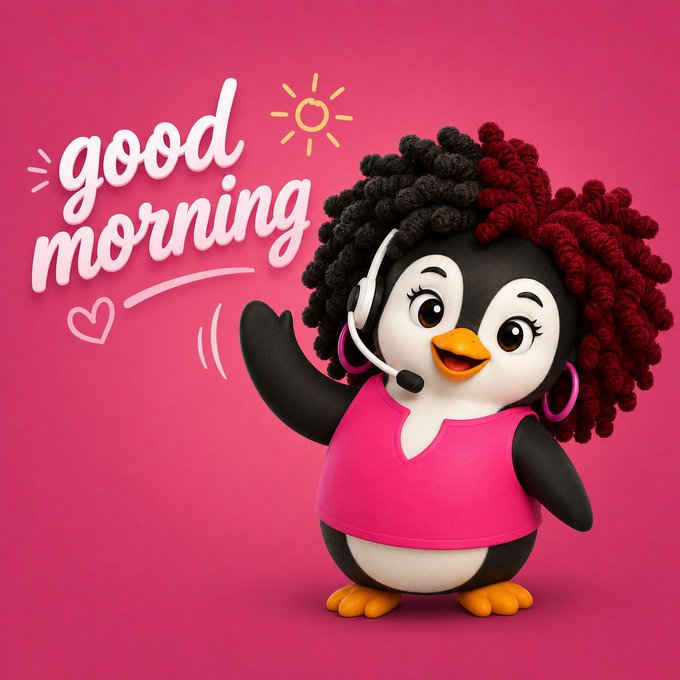 The image features a cartoon penguin wearing a pink shirt with the words "good morning" written above its head, giving off a cheerful vibe. The penguin has curly hair and is holding a microphone, suggesting that it might be a character from a TV show or movie. The background of the image is pink, which complements the penguin's outfit and adds to the overall cheerful atmosphere. The post also includes a heart icon in yellow, indicating a positive sentiment towards the day ahead.