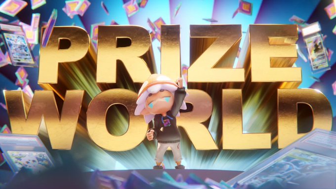 A promotional graphic featuring a cartoon character standing before large gold 3D text reading 'PRIZE WORLD,' with collectible cards floating in the background.