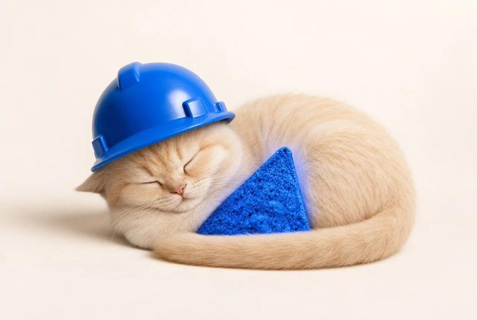 A cream-colored kitten naps peacefully wearing a blue construction hard hat while resting its paw on a blue textured triangle, playfully symbolizing the "building" or development of on-chain infrastructure on the Base network mentioned in the post.