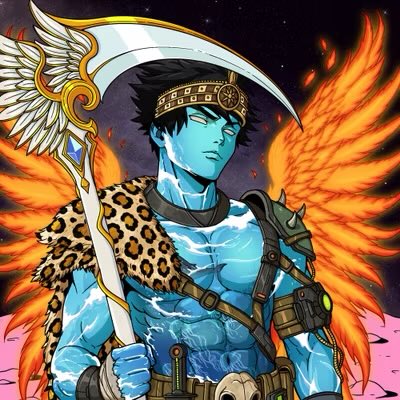 A comic-style illustration of a blue-skinned warrior with orange flame wings, leopard-print shoulder armor, and a large winged sword, set against a starry purple sky.