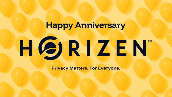 The image features a banner with yellow balloons arranged in rows, displaying the text "Happy Anniversary Horizon" above them. Below this, there's a caption that reads "ZEN is the long term utility use case of the Horizon Ecosystem and ZENDEX technology supports ZEN utility matters for everyone". The balloons are scattered across the image, creating an interesting visual effect as they appear to float in front of the text.