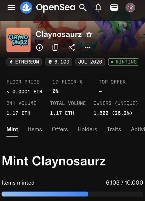 OpenSea NFT minting page for the 'Claynosaurz' collection on Ethereum, showing 6,103 of 10,000 items minted at a floor price below 0.0001 ETH.