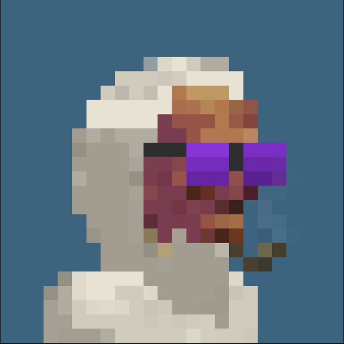 A pixel art portrait of a person with white headwrap, purple sunglasses, and a patterned face, displayed on a blue background.