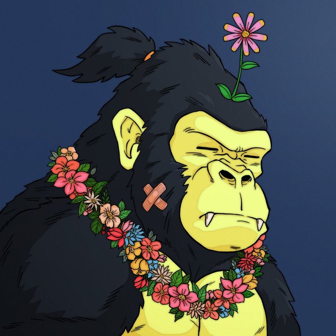 A stylized gorilla illustration with closed eyes, band-aids on its face, and vibrant floral adornments including a pink flower on its head and a colorful lei around its neck, matching the post's reference to a CyberKongz Genkai NFT with its mix of gorilla art and unique decorative elements.