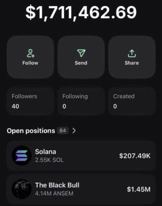 The image shows a crypto portfolio display with a balance of $1,711,462.69, featuring 40 followers, 84 open positions including 2.55K SOL ($207.49K) and 4.14M ANSEM ($1.45M, "The Black Bull"). This relates to the post by $ANSEM, whose token holdings account for the majority of the portfolio value, illustrating the success story referenced in his tweet about life-changing gains from Solana-based trading.