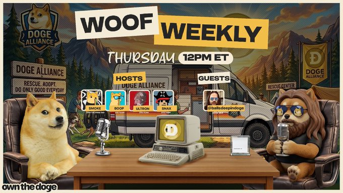 The image features a cartoon dog sitting at a desk with an old computer monitor, keyboard, and mouse. The background of the image shows mountains and trees, creating a natural setting for the scene. In front of the dog's head, there is a microphone, suggesting that they are hosting a podcast or radio show. The post also includes text about the "Woof Weekly" theme and mentions a host named Doge Van who is featured in the image.
