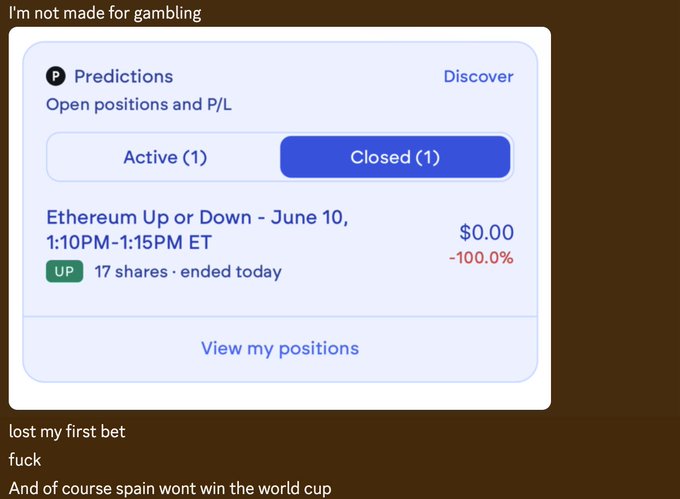The image shows a close-up of an online marketplace called Predictions, which allows users to invest in market predictions or gambling activities. The marketplace offers betting options where you can predict future events like sports games, stock market trends, or political elections. In this particular photo, we see someone using the marketplace and predicting whether a certain team will win a game on June 10th at 4:00pm. They are sharing their position with friends, and there is some text about views of positions in the image.