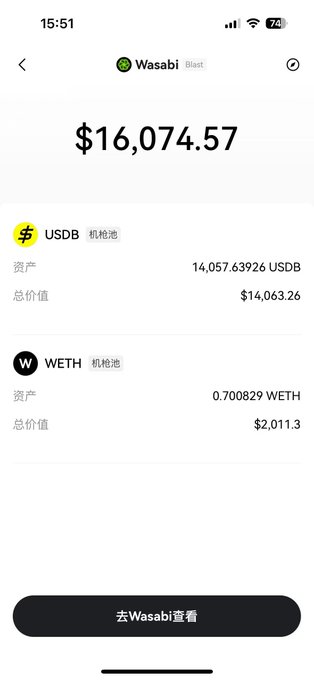 A mobile app screenshot for Wasabi Blast displaying a total balance of $16,074.57, with holdings in USDB (14,057.63926 USDB, $14,063.26) and WETH (0.700829 WETH, $2,011.3), and a button in Chinese to check the Wasabi vault.