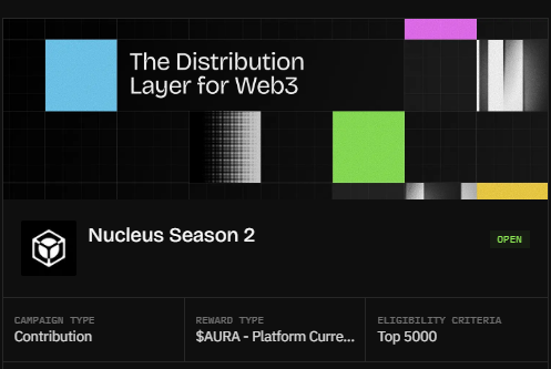 A dark-themed webpage for 'The Distribution Layer for Web3' announces 'Nucleus Season 2' as OPEN, with details on Campaign Type (Contribution), Reward Type ($AURA - Platform Currency), and Eligibility Criteria (Top 5000).