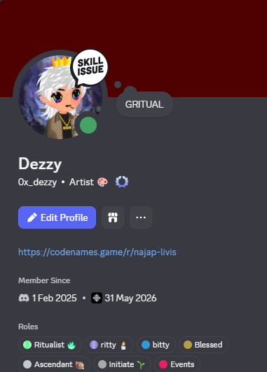 The image shows a social media post with a profile picture of a character named Dezzy, who appears to be an artist or game developer. The post includes text that reads "Skill Issue", "Gritting", and "Ritualist". It also mentions that the post was created on February 25th, 2026. The post has been shared by multiple people, including @ritualnet, @beingtauseef786, and @AyushPareek2025.