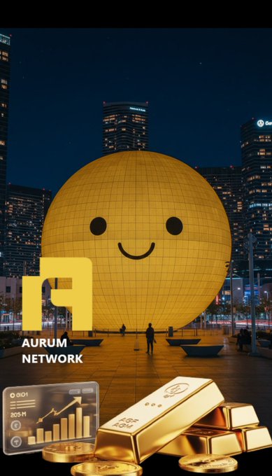 A promotional image for 'AURUM NETWORK' features a giant glowing yellow smiley face sphere at night in a city plaza, with gold bars, gold coins, and a rising chart graphic overlaid at the bottom.