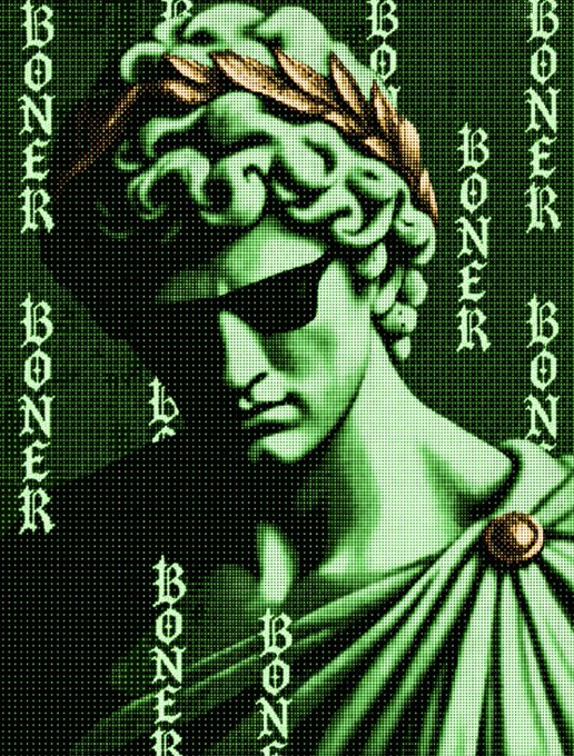 A green-tinted digital artwork of a classical statue wearing sunglasses and a laurel wreath, with the word 'BONEER' repeated in gothic font across the background.