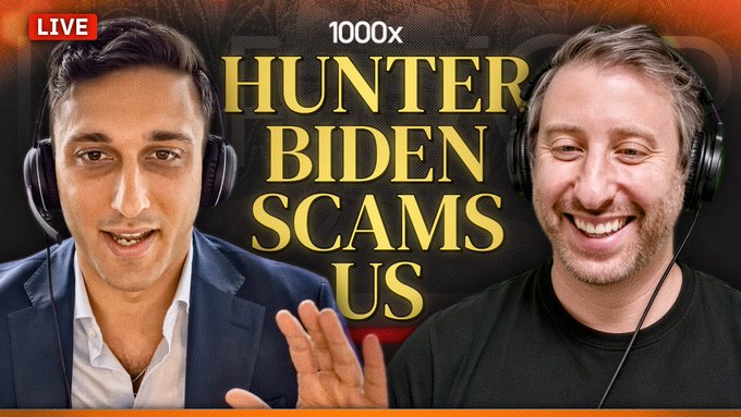 The image is a thumbnail for a live stream titled "1000x HUNTER BIDEN SCAMS US," featuring two smiling men wearing headphones against a dark background. It promotes a market update broadcast discussing topics including Hunter Biden's memecoin, $INTC stock, Athens real estate, and Anthropic's "Skynet problem," scheduled to air live at 5pm ET.