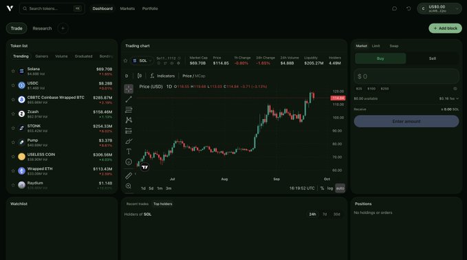 A cryptocurrency trading interface on the V token platform, displaying a SOL trading chart with a current price of $119.85 and a market cap of $56.96B.