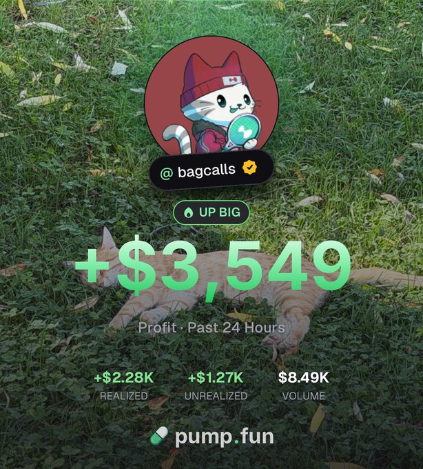 A social post for @bagcalls shows “+$3,549” profit over the past 24 hours, with +$2.28K realized, +$1.27K unrealized, and $8.49K volume on pump.fun. It supports the caption that the portfolio has been “only going up” since picking up $CETS from @vydamo_.