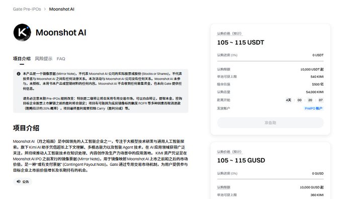 A Gate.io Pre-IPOs page for 'Moonshot AI' (Kimi AI), showing project details in Chinese with estimated prices of 105-115 USDT and 105-115 GUSD, with a countdown of 01:07:07 remaining.