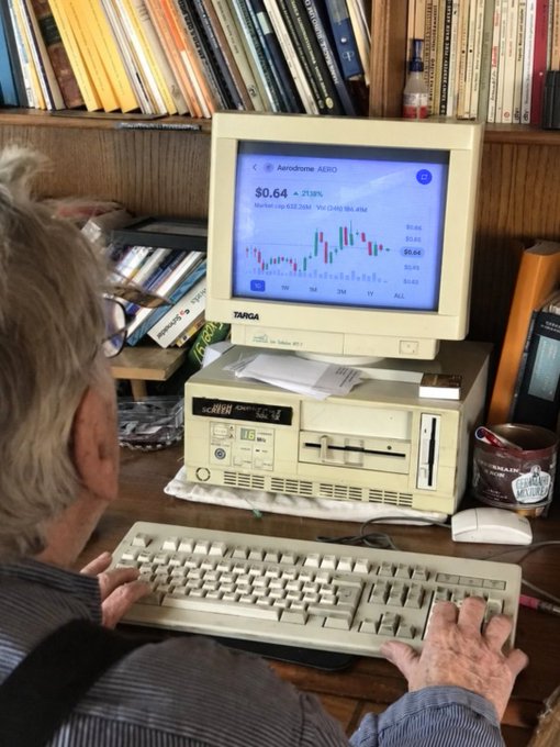 An older man trades Aerodrome (AERO) at $0.64 (-2.19%) on a vintage Tandy 1000 desktop computer, showing that the joke post is about a grandpa just getting set up on the Base app.

The humorous juxtaposition is that "grandpa"—a stereotypical figure associated with old technology—has been outfitted with modern crypto trading tools, implying even seasoned veterans are now entering the decentralized exchange space.
