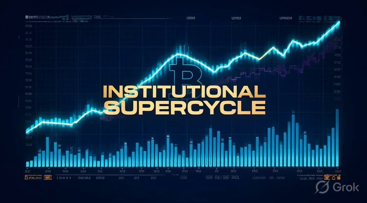 The image shows a graph with upward-pointing lines connected, which appears to represent a supercycle or an economic growth cycle over time. The title of the post reads "Institutional Supercycle" along with some other text at the bottom. This implies that there might be a connection between institutions and supercycles in relation to financial markets, as they can impact each other's performance throughout these cycles.