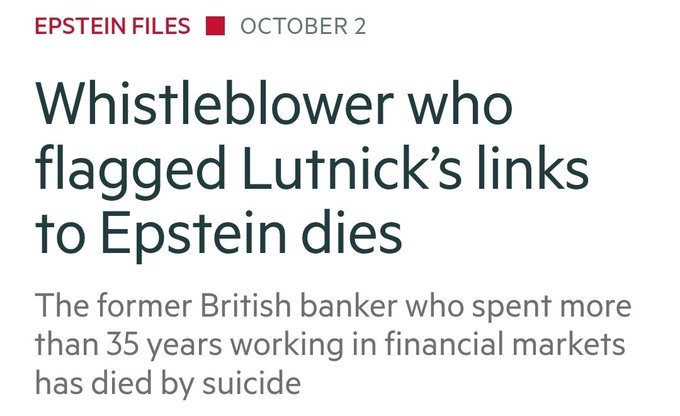 A news headline from October 2 reading 'Whistleblower who flagged Lutnick's links to Epstein dies,' with a subheading stating 'The former British banker who spent more than 35 years working in financial markets has died by suicide,' tagged under 'EPSTEIN FILES.'