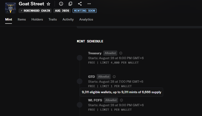 A webpage for an NFT collection called 'Goat Street' on the Robinhood Chain, showing a mint schedule with Treasury, GTD, and WL FCFS tiers starting on August 28.